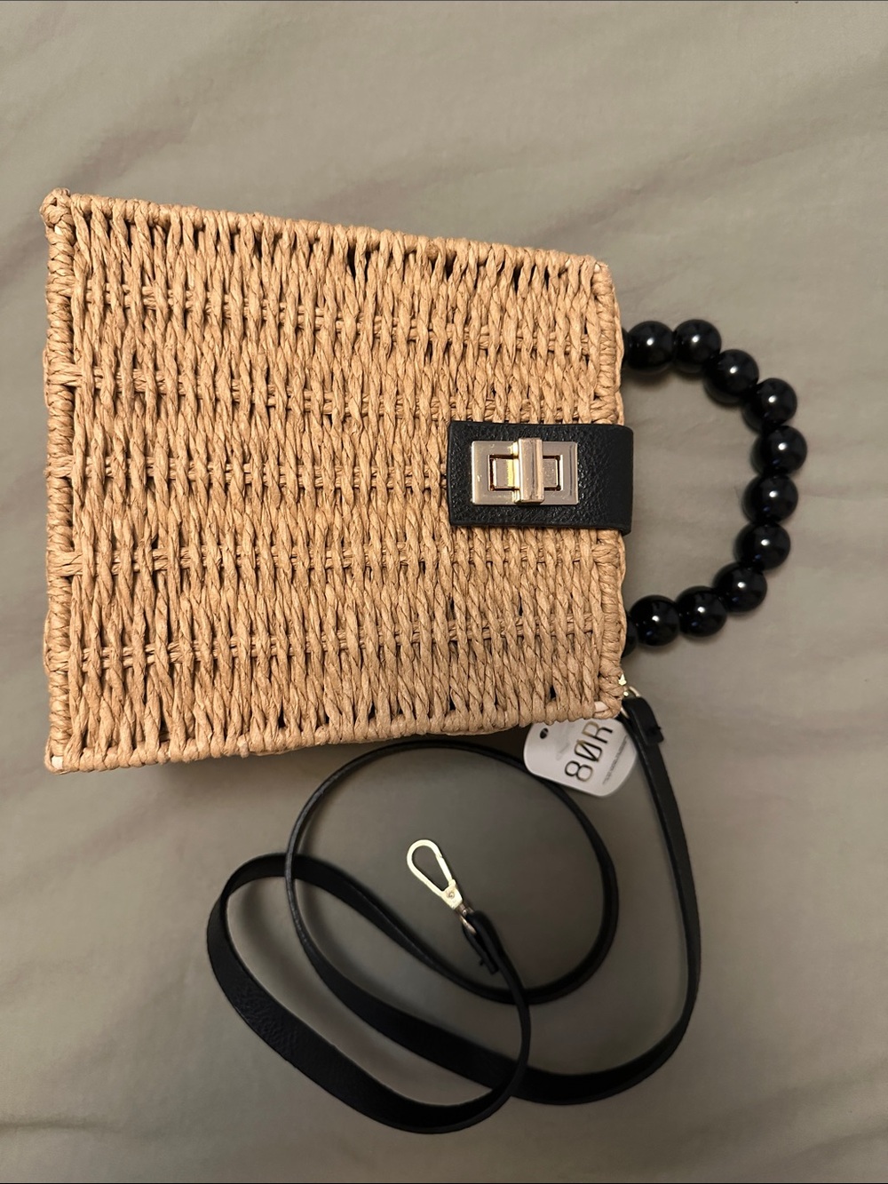 8 Other Reasons Natural Straw Mini Bag with Black Beaded Handle